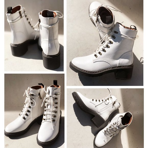 NEW White Faux Vegan Leather Laced Up Lug Sole Platform Ankle Combat Boots Shoes - Picture 7 of 12